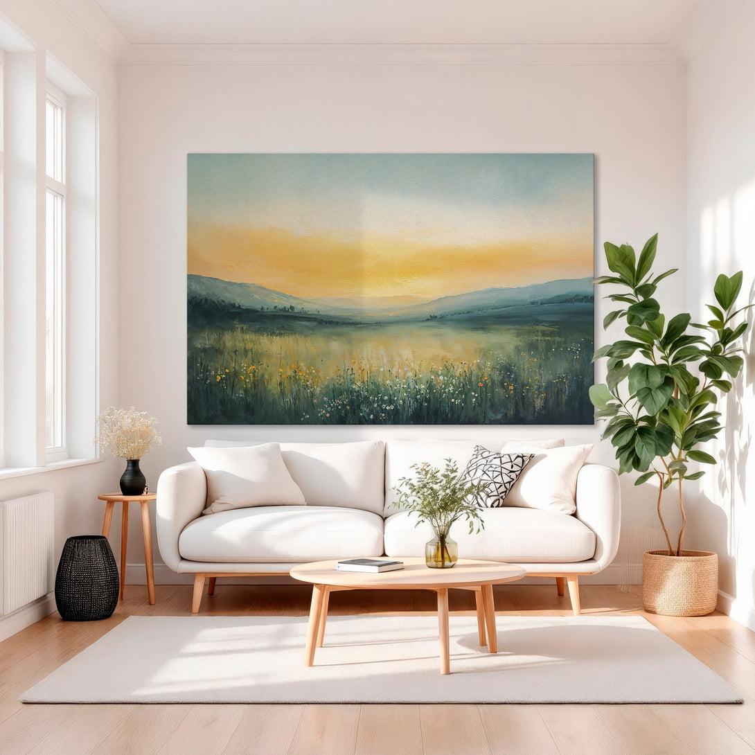 Framed Wall Art: Landscape painting with sunset hues, displayed in a luxury living room. Warm yellow, green, and blue color palette. Elevate your space!