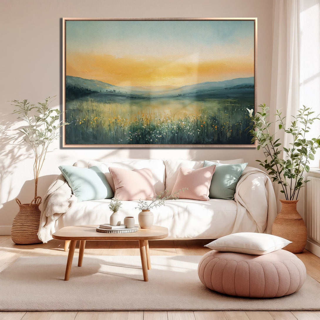 Framed Wall Art: Landscape painting in warm yellow, green, and blue tones. Adds a touch of nature and tranquility to any living room.