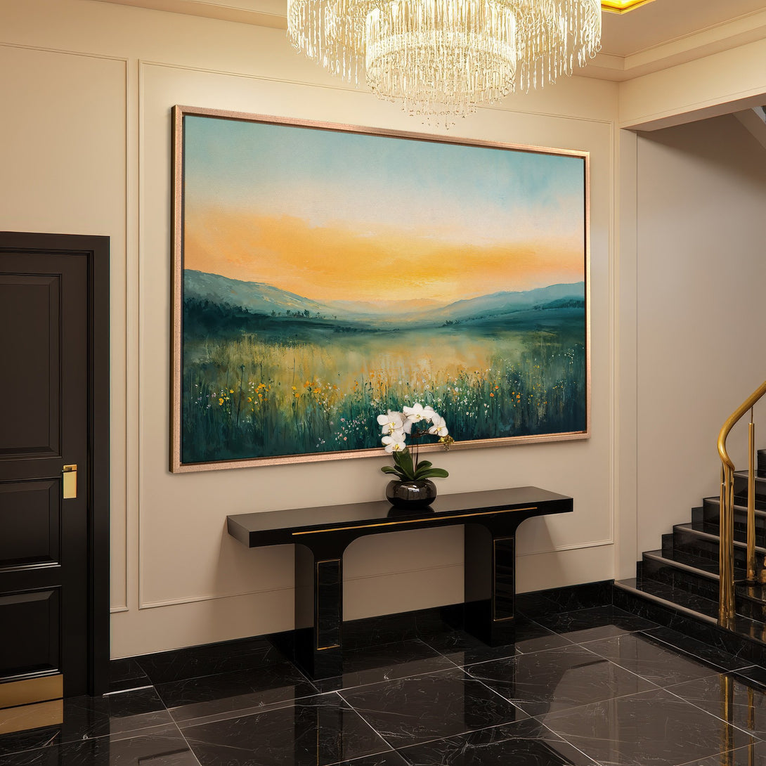 Framed Wall Art: Landscape Canvas Print with warm sunset tones. Adds elegance to any interior with its serene, colorful style.