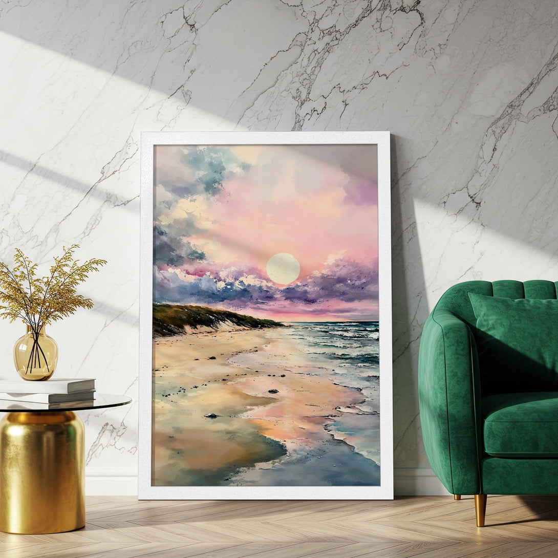 Framed Poster of a beach sunset in watercolor style, featuring a pink and purple color palette. Perfect wall art!