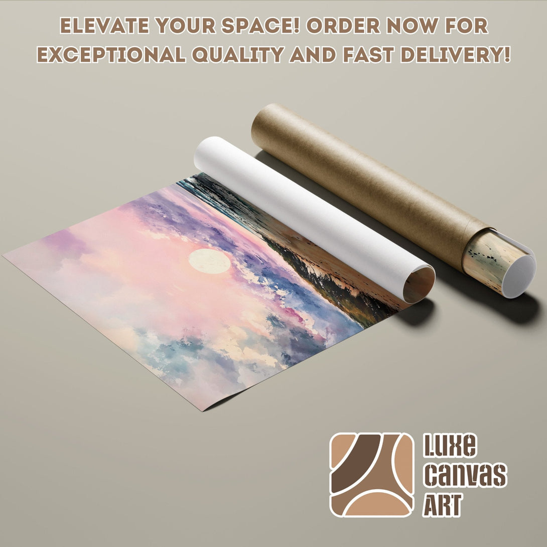 Poster Roll featuring a watercolor landscape in pastel colors. Elevate your space with Luxe Canvas Art!