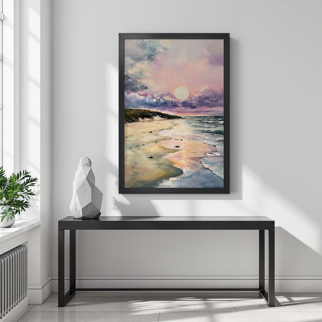 Framed Poster of a beach sunset. Artistic style, featuring pink, purple, and blue hues. Perfect wall art to brighten your space!