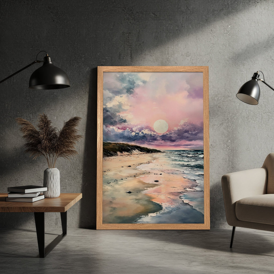 Framed Poster featuring a serene beach scene with a pastel color palette. Perfect wall art for a calming aesthetic.