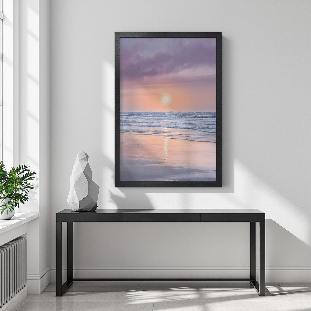 Framed Poster of a sunset over the ocean. Coastal art in a calming pastel color palette. Add serenity to your space!