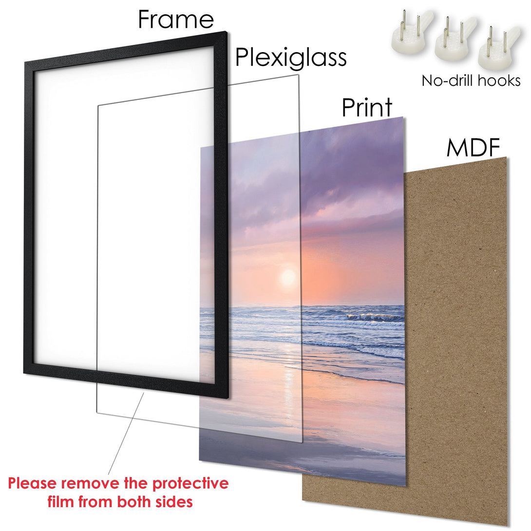 Framed Poster featuring a serene beach scene in pastel colors. Perfect wall art for a calming space.