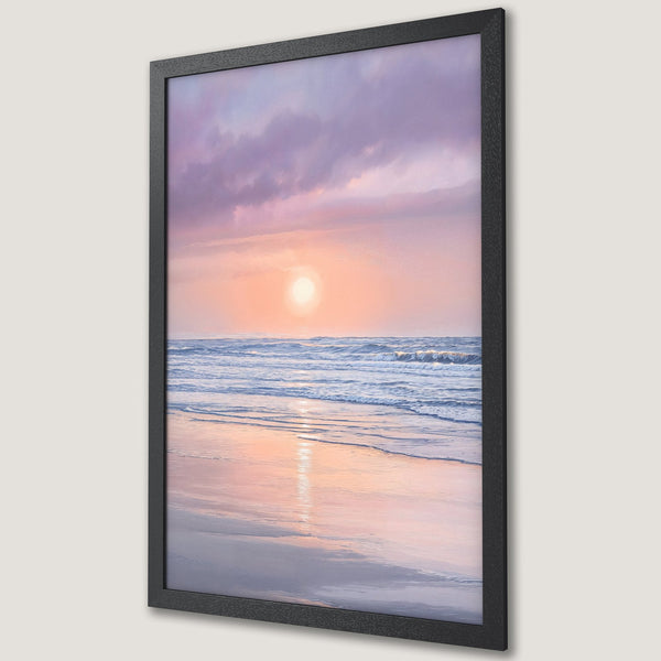 Framed Poster of a serene beach sunset in pastel colors. Coastal art print for a calming home decor.