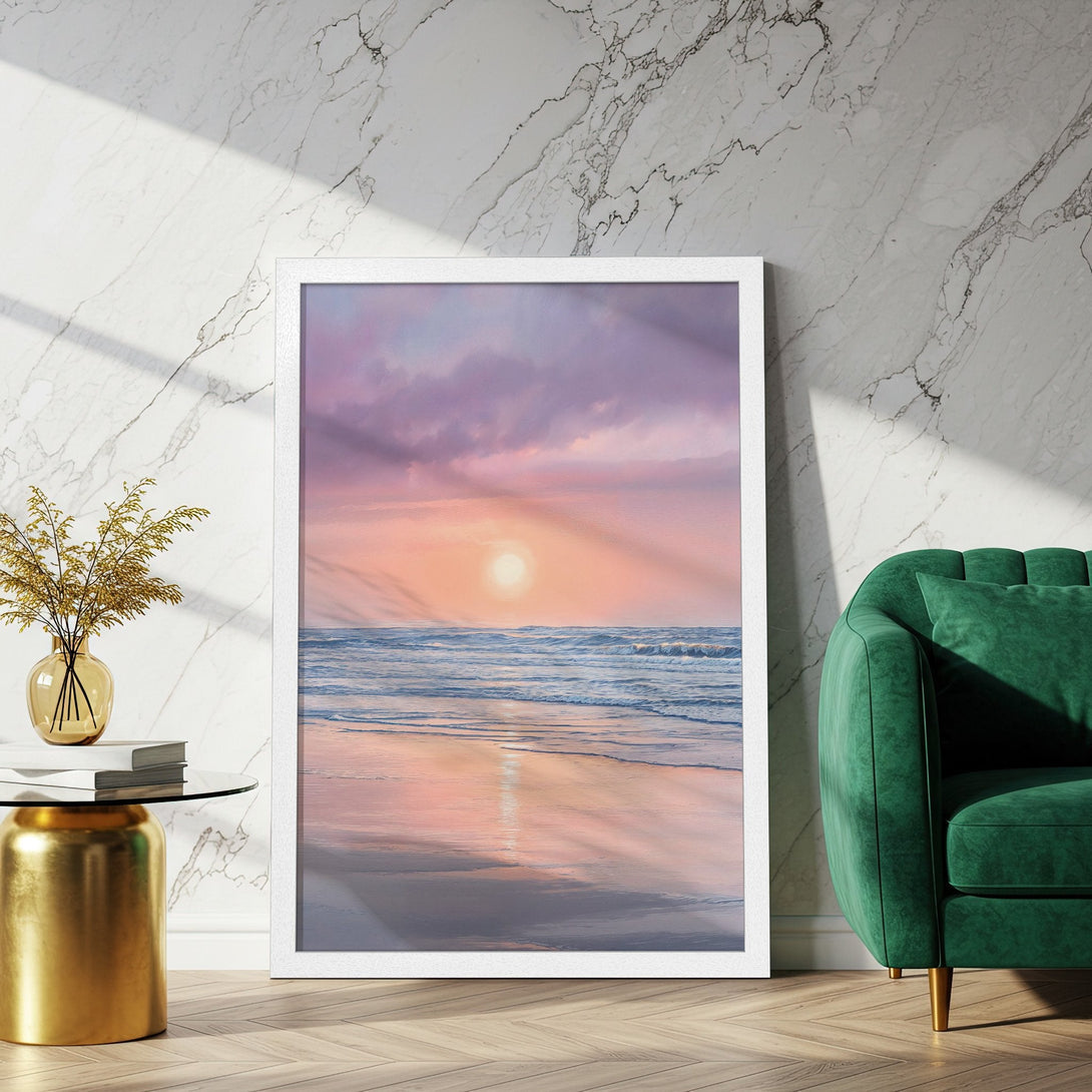 Framed Poster of a serene beach sunset. Coastal art in pastel pinks and blues. Perfect wall decor for a calming vibe.