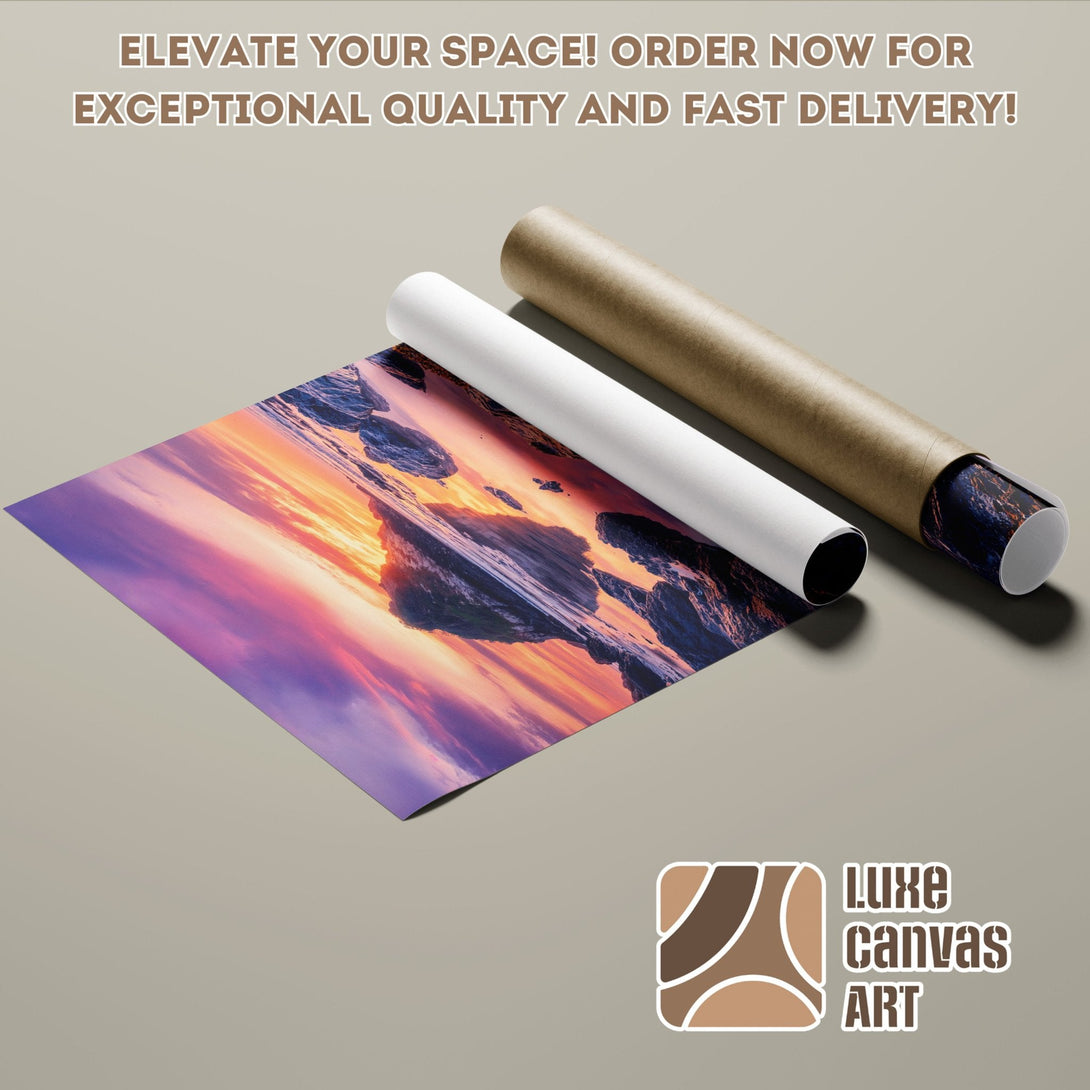 Poster Roll featuring a vibrant sunset landscape in purple, orange, and blue hues. Elevate your space with art!