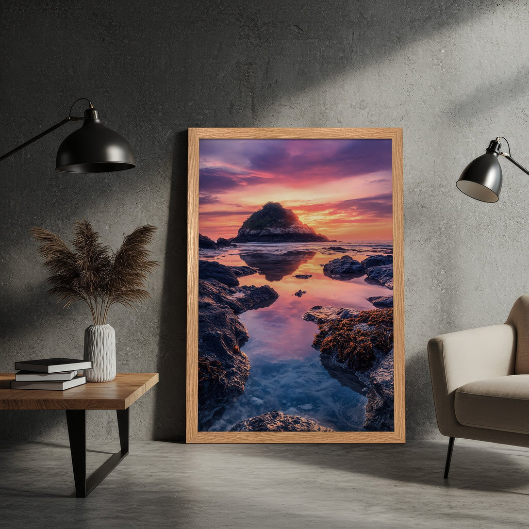 Framed Poster featuring a stunning sunset seascape. Coastal art print with vibrant pink, purple, and orange hues. Perfect wall decor for your home.