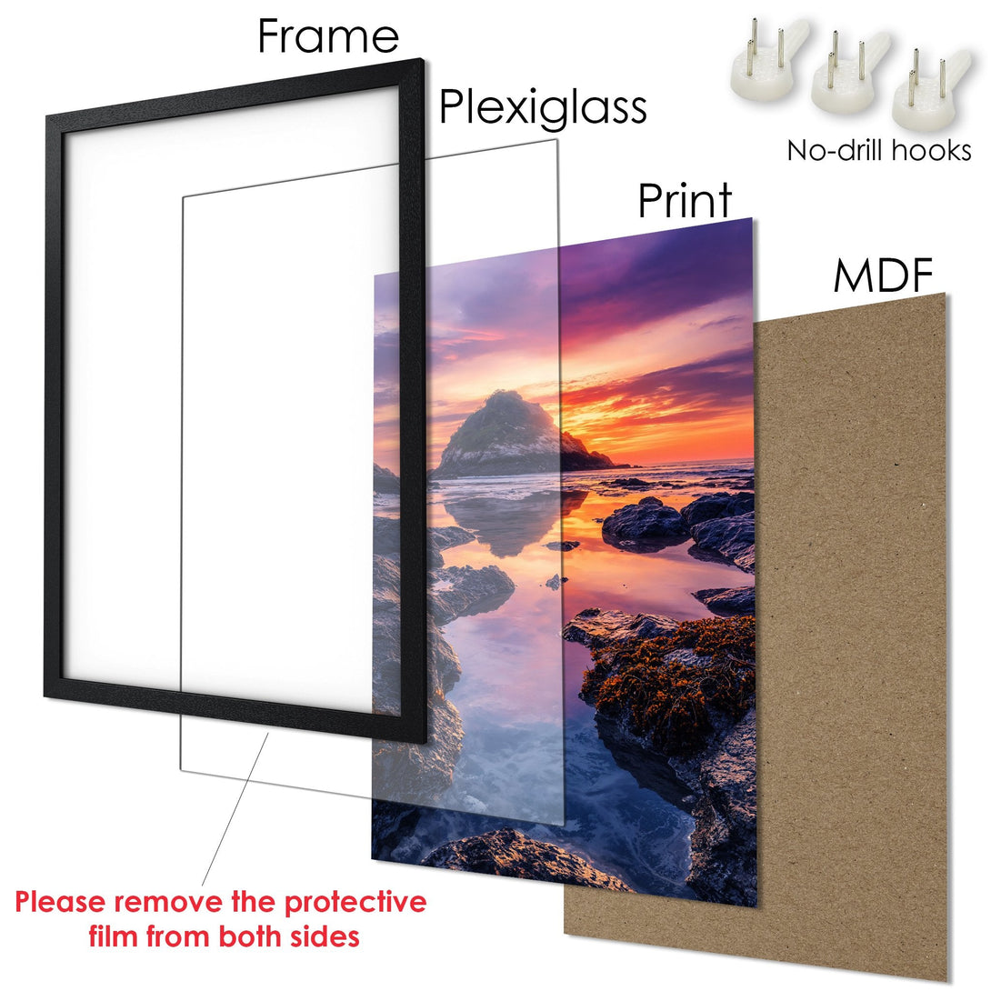 Framed Poster of a stunning sunset seascape, vibrant orange & purple hues. Transform your space with this beautiful wall art!