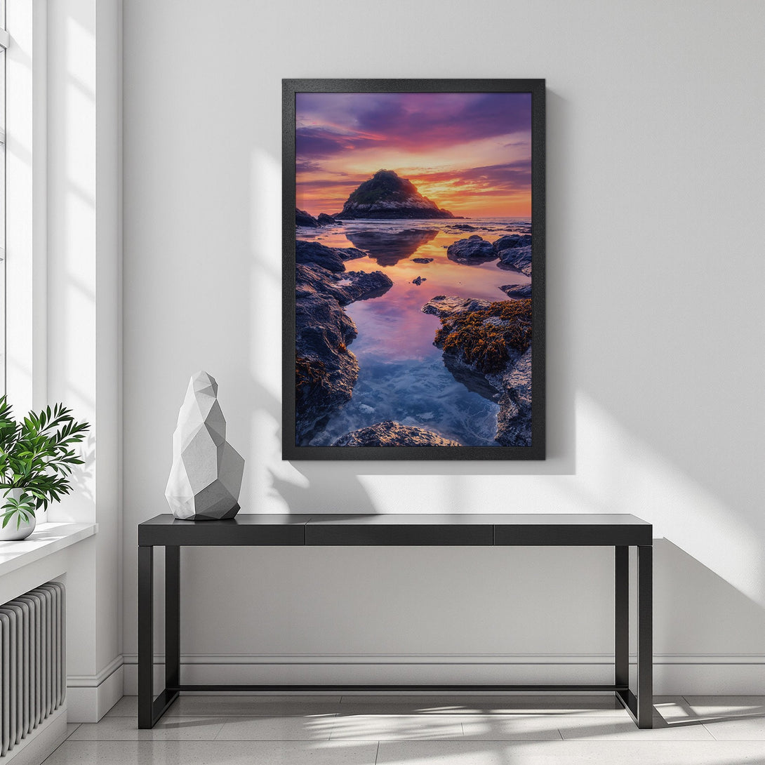 Framed Poster of a stunning sunset over the ocean. Vibrant colors and a serene landscape create a perfect piece of art for your home.