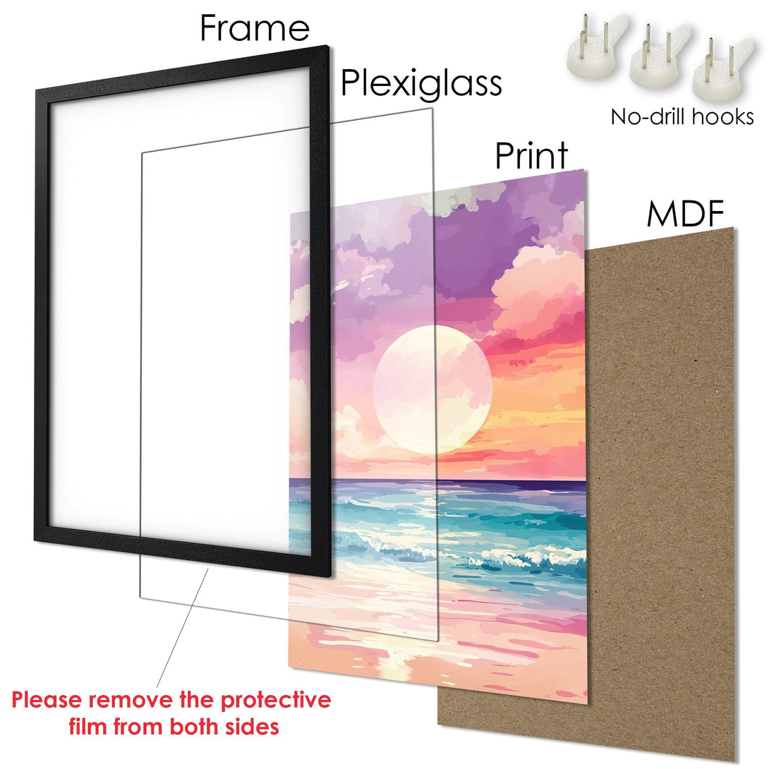 Framed Poster: Coastal sunset art print in vibrant colors. Perfect wall decor for any room.