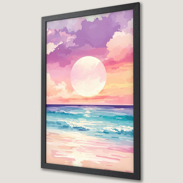 Framed Poster featuring a watercolor sunset over the ocean. Pastel pink, purple, and blue color palette. Perfect wall art!