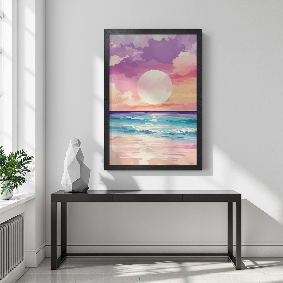 Framed Poster of a beach sunset in watercolor style, featuring pink, purple, and blue hues. Perfect wall art!
