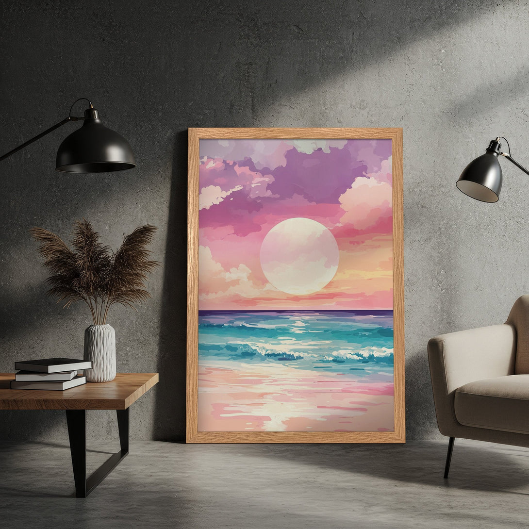 Framed Poster of a sunset beach scene in a watercolor style, featuring a pink, purple, and blue color palette.