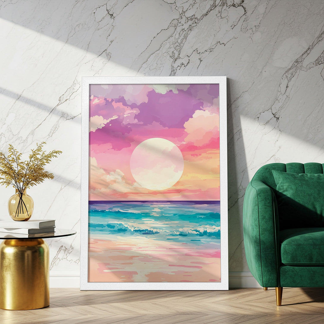 Framed Poster of a sunset beach scene in a watercolor style, featuring a vibrant pink, purple, and turquoise color palette. Perfect wall art!