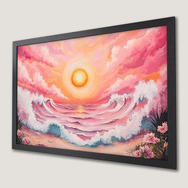 Framed Poster: Sunset over ocean, impressionist style, pink & orange color palette. Perfect wall art!
