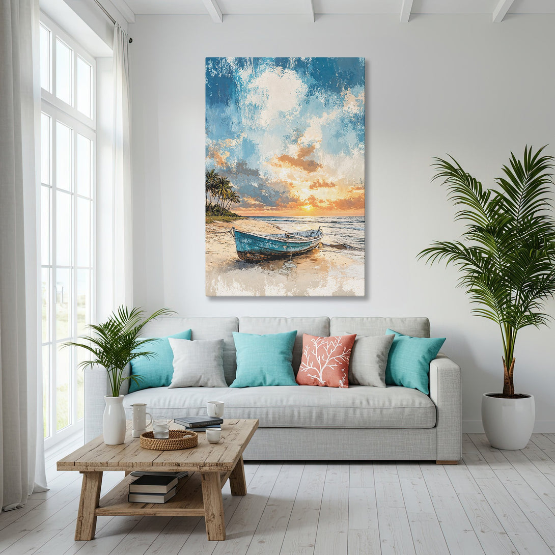 Framed Wall Art: Coastal sunset scene in blue, orange, and white. Abstract style canvas print adds a touch of serenity to any living room.