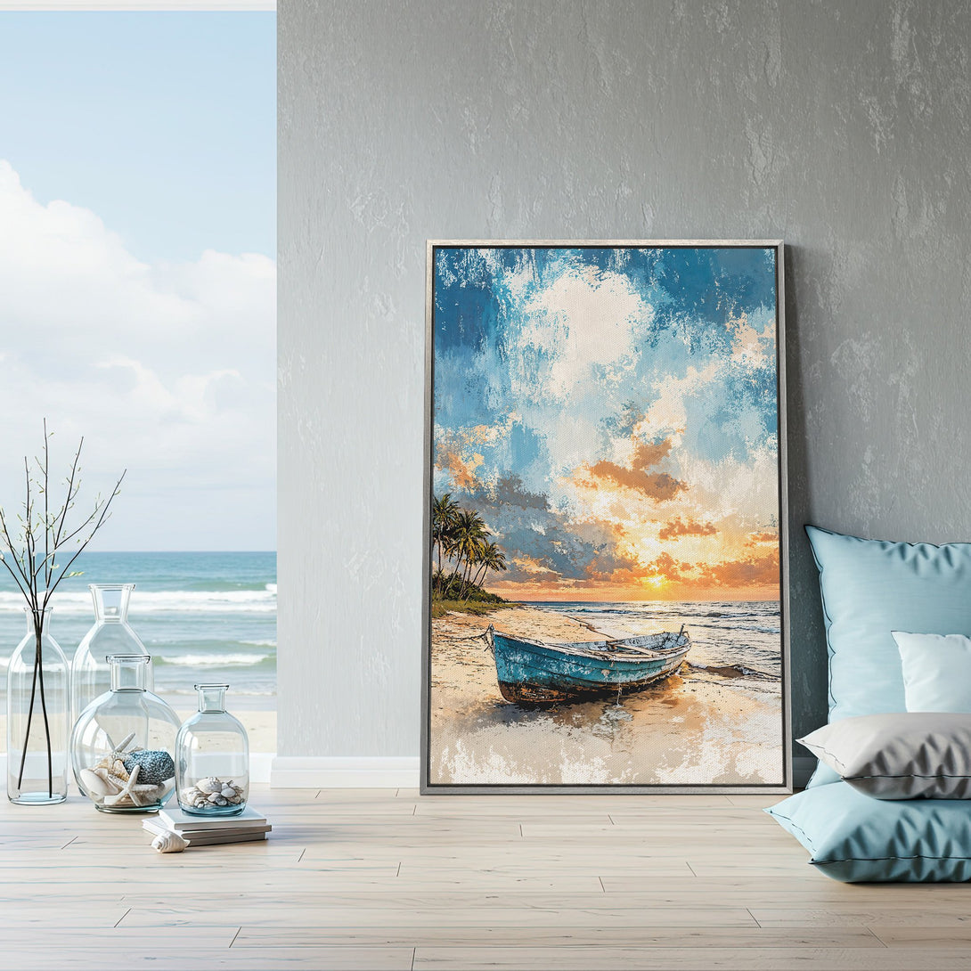 Framed Wall Art of a boat on a beach at sunset. Coastal style Canvas Print with blue, orange, and neutral tones. Bring the beach home!