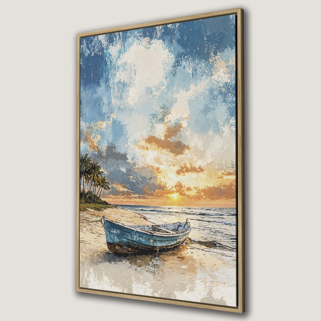 Framed Wall Art: Coastal scene Canvas Print with a boat on the beach. Blue, orange, and beige color palette. Perfect for adding a touch of serenity.