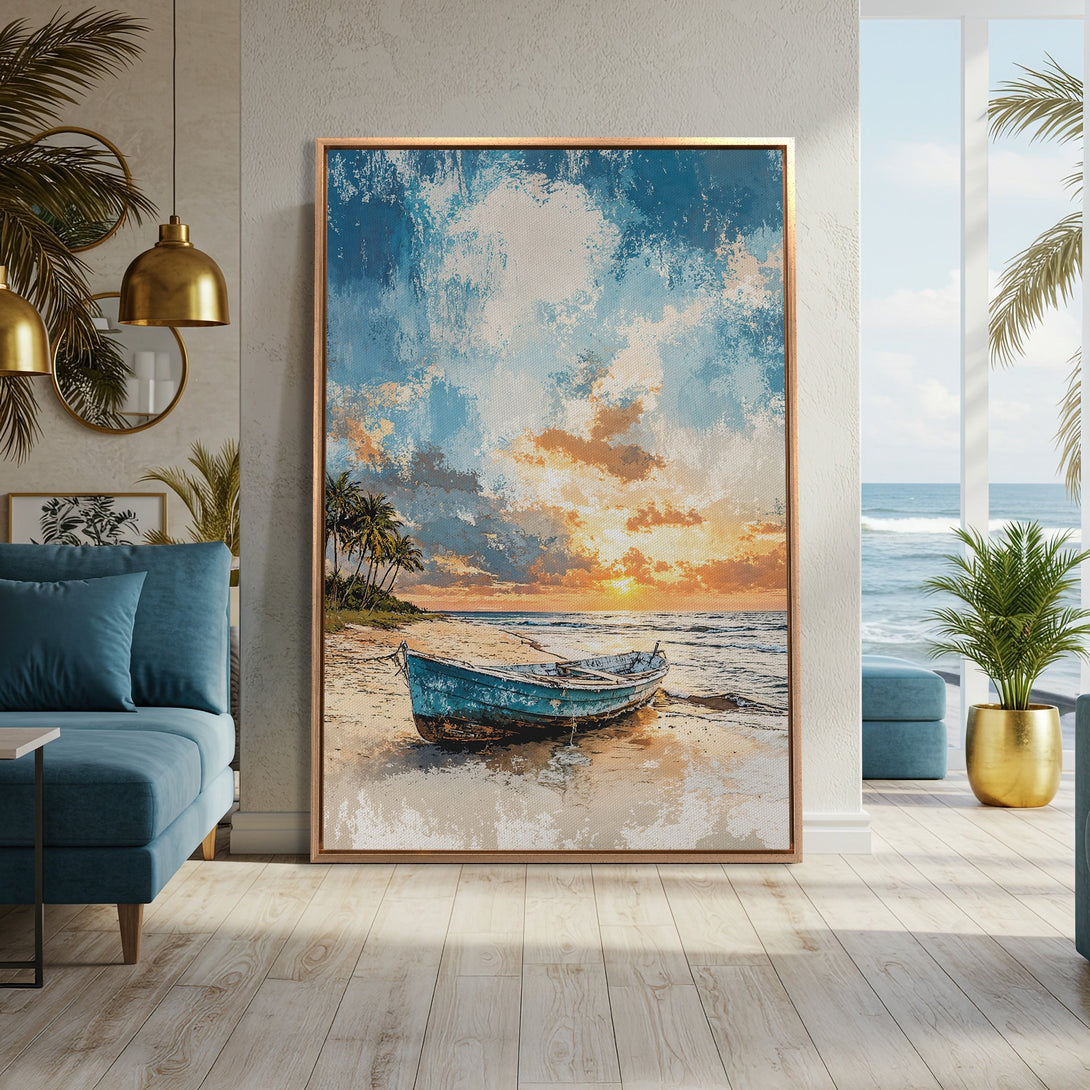 Framed Wall Art: Coastal sunset painting with a boat in blue, orange, and beige tones. Perfect for adding a touch of serenity to your home decor.