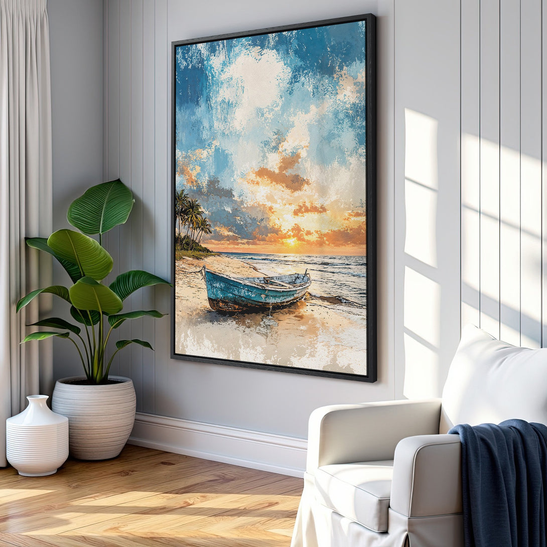 Framed Wall Art: Coastal scene Canvas Print with a boat on the beach. Featuring a blue, orange, and beige color palette, perfect for a relaxing interior.