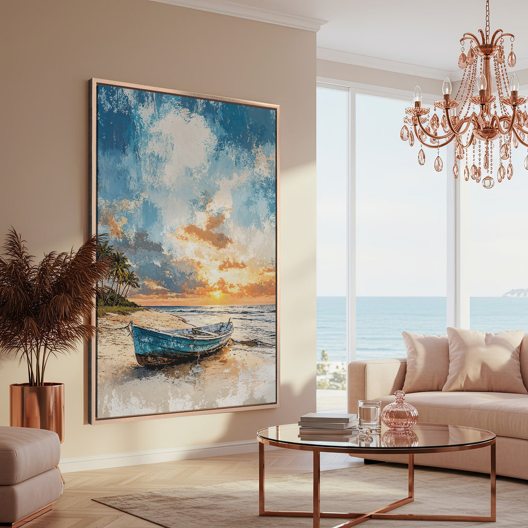 Framed Wall Art featuring a serene beach scene. Coastal-inspired artwork in blue, gold, and beige tones, perfect for adding a touch of tranquility to your space.
