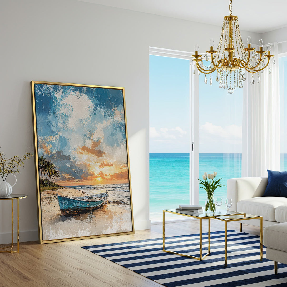 Canvas Print of a beach scene with a boat, featuring a blue and orange color palette, displayed in a modern living room.