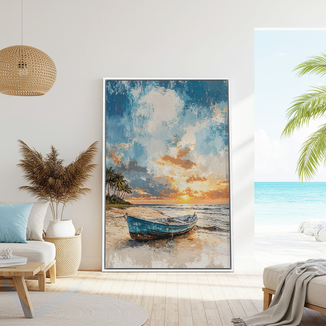 Framed Wall Art: Coastal sunset painting with a boat. Blue, orange, and beige color palette. Perfect for beach house decor.
