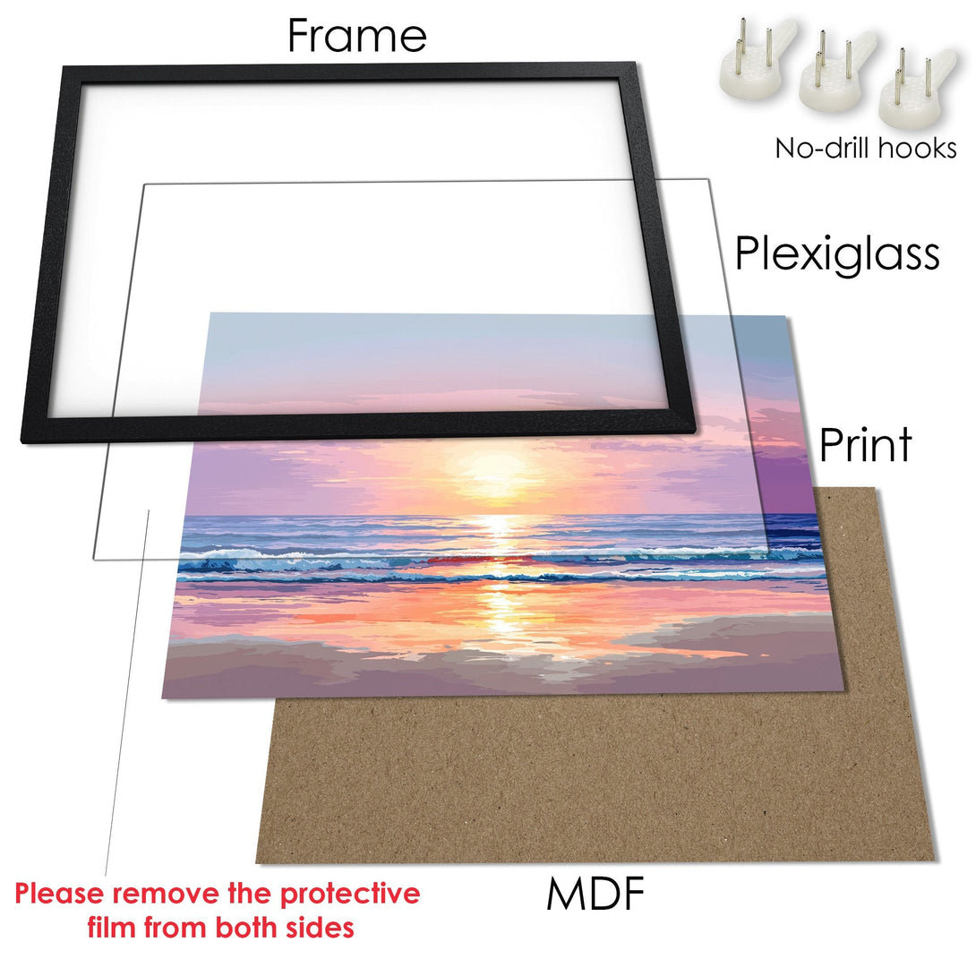 Framed Poster of a sunset over the ocean, vibrant colors, art print style. Ready to hang!