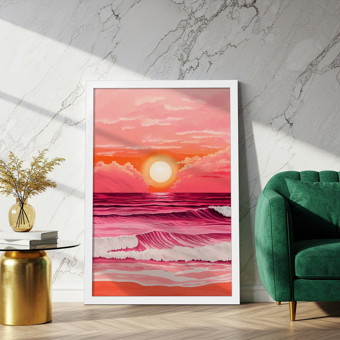 Framed Poster of a vibrant sunset over the ocean, painted in a dreamy style with pink, orange, and white hues. Perfect wall art!