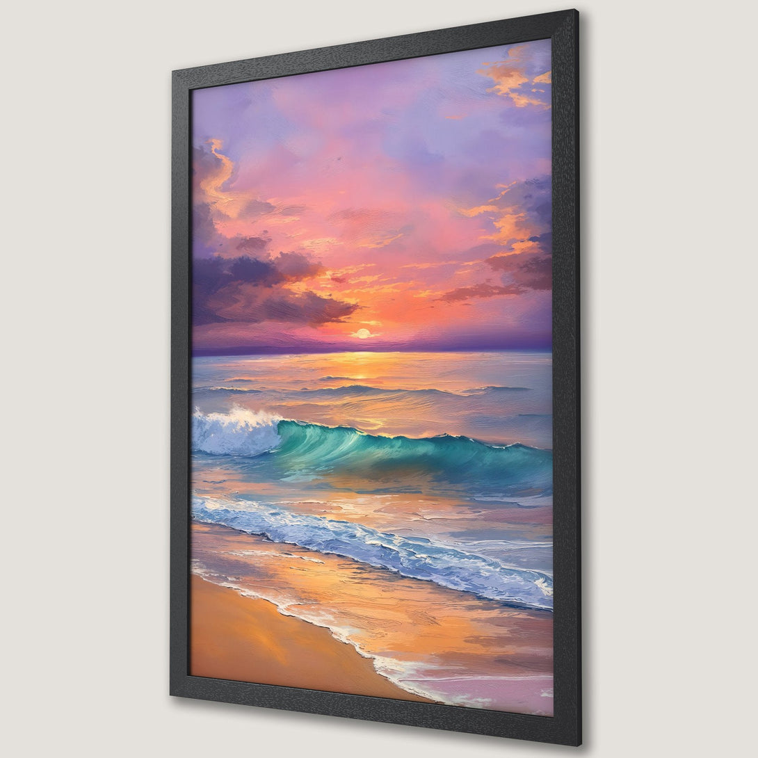 Framed Poster of a sunset ocean scene, painted style, featuring vibrant pinks, oranges, and blues. Perfect beach decor!