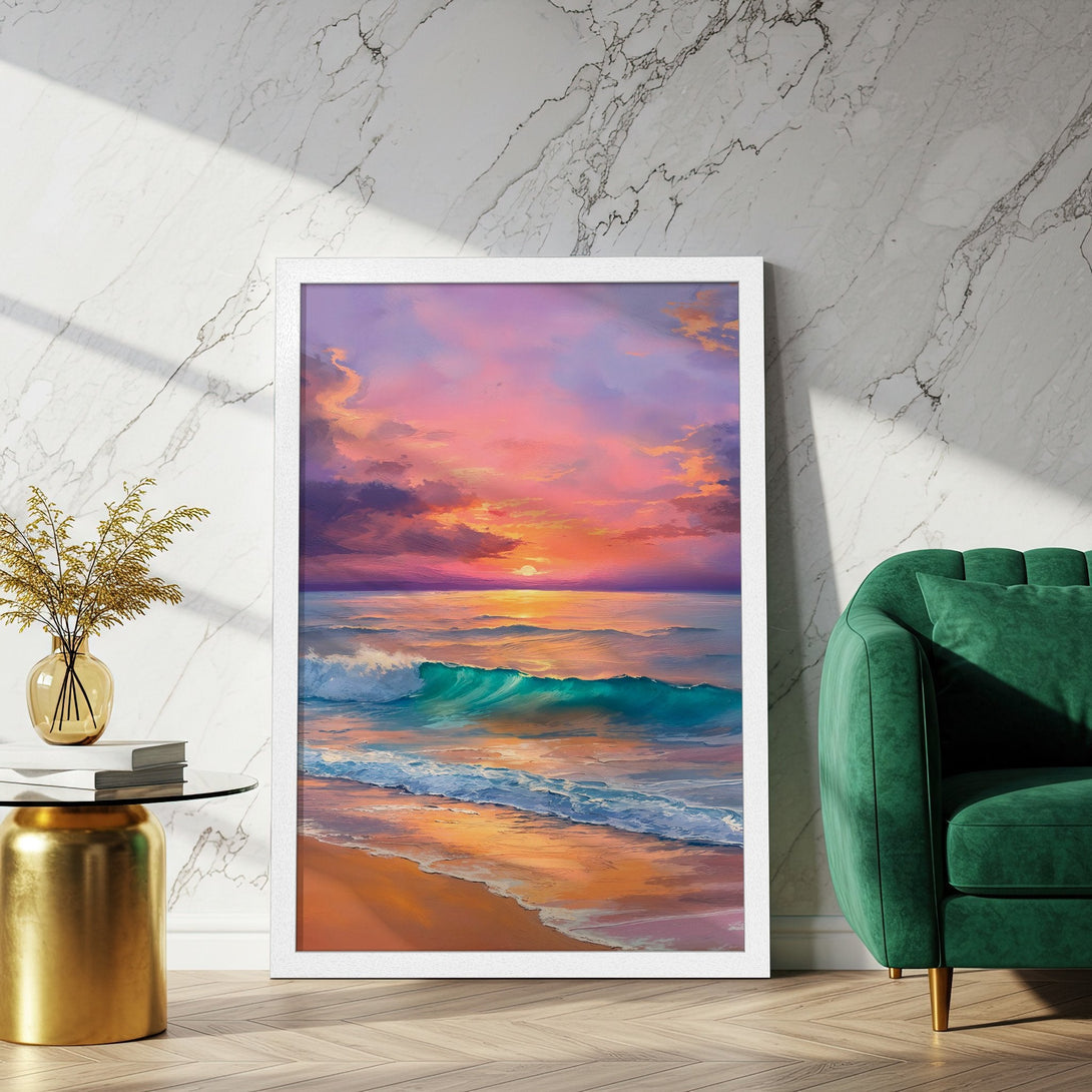 Framed Poster of a vibrant ocean sunset, painted in an impressionistic style with a warm orange, pink, and teal color palette. Enhance your space!