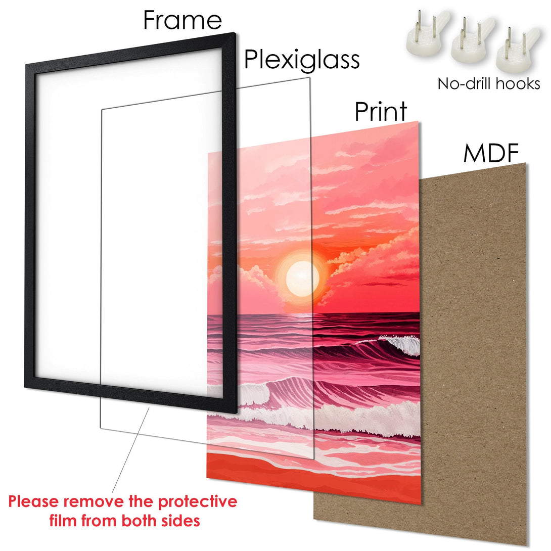 Framed Poster of a sunset over the ocean, vibrant pink and orange color palette, art print for your home.