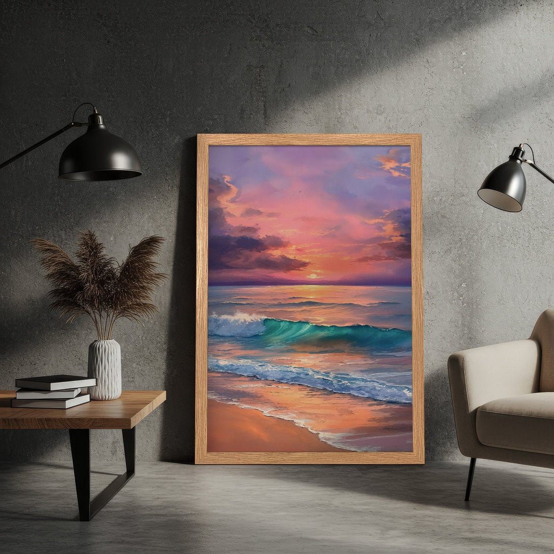Framed Poster of a sunset over the ocean. Impressionistic style with a warm, vibrant color palette of pinks, oranges, and blues. Perfect wall art!