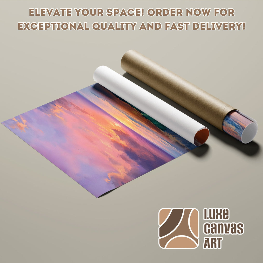 Poster Roll featuring a vibrant sunset painting, with a purple and orange color palette. Order now!
