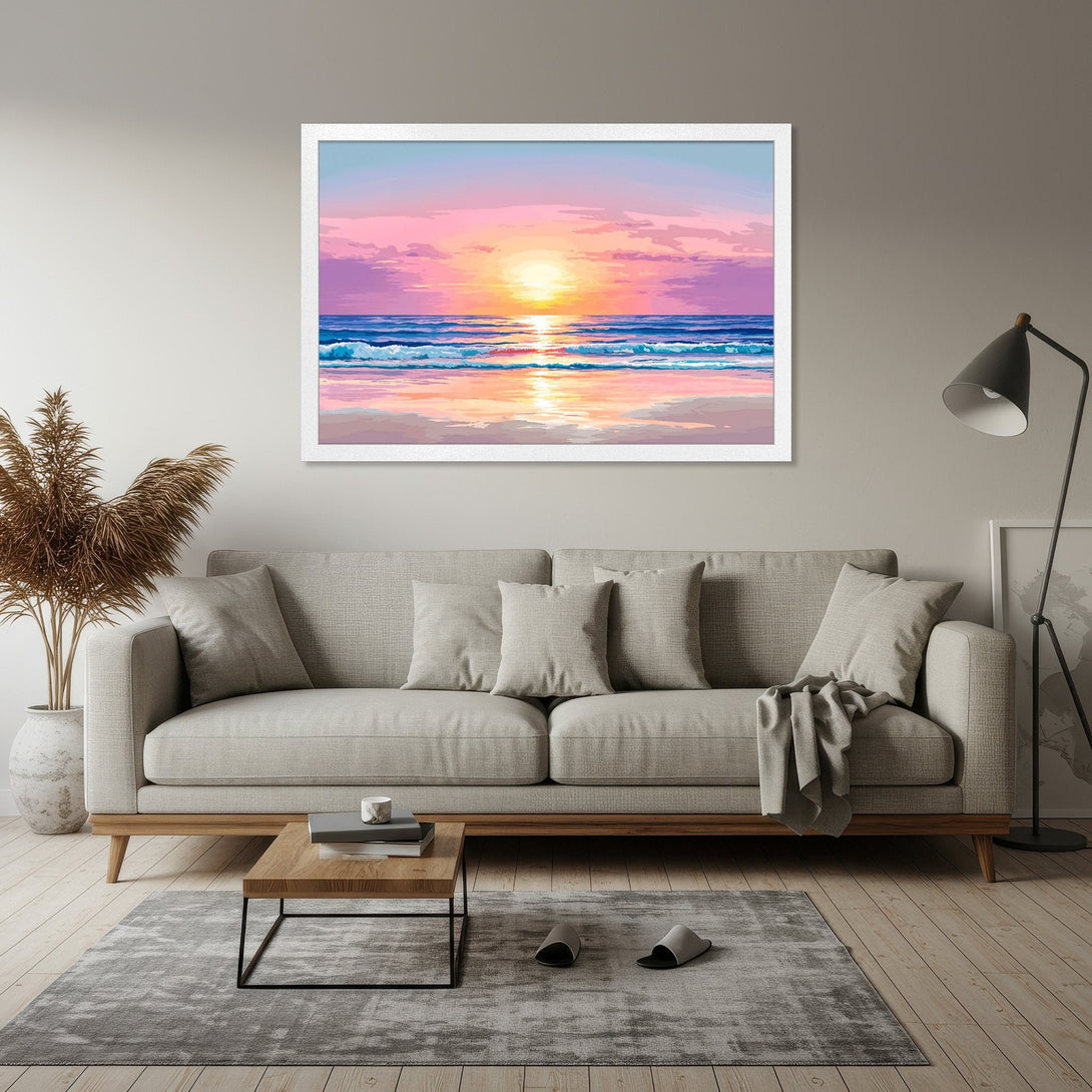 Framed Poster of a sunset over the ocean, in a pixelated style with a pink, blue, and yellow color palette, perfect for coastal decor.