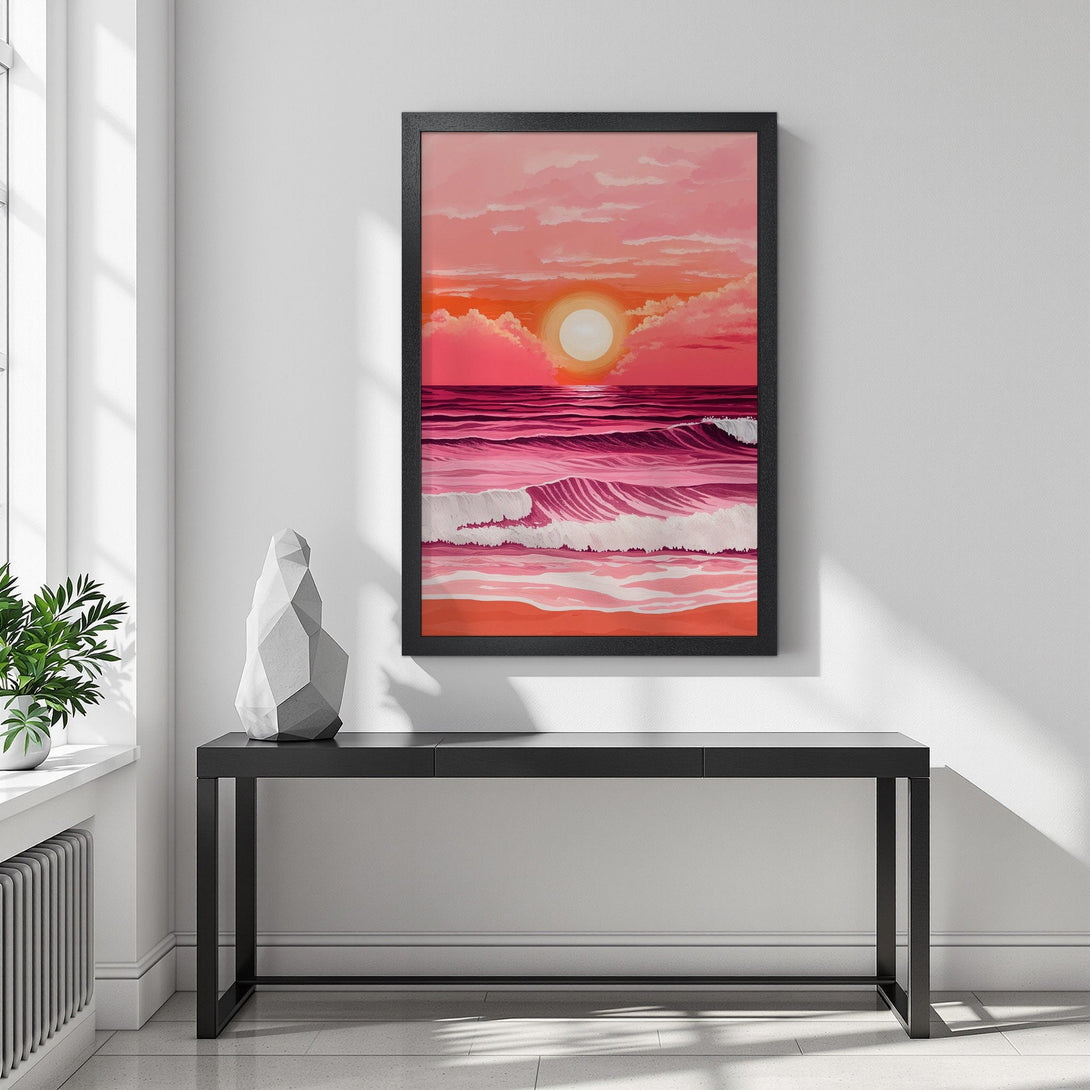 Framed Poster featuring a sunset over ocean waves, in a vibrant pink and orange palette. Perfect art for coastal decor.
