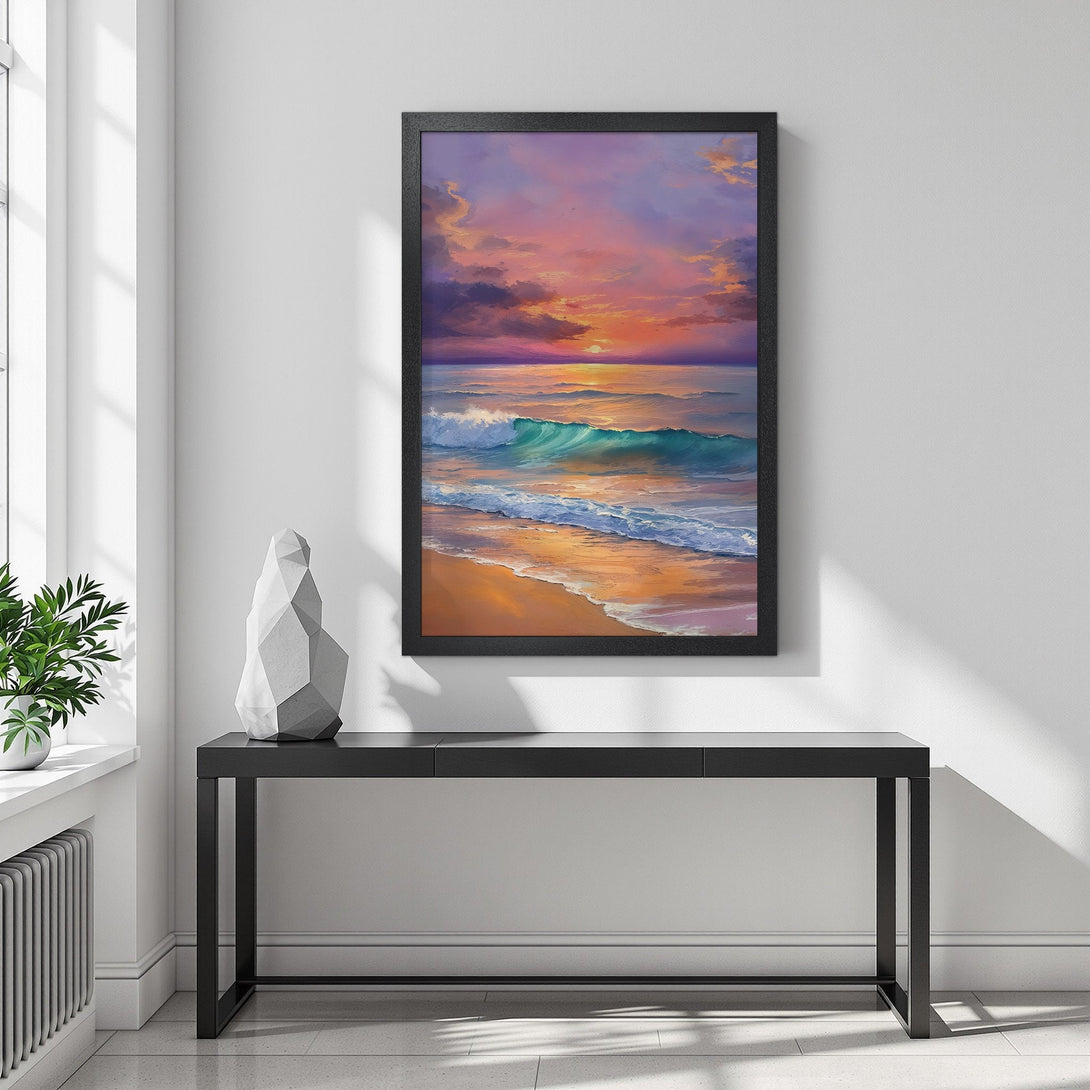 Framed Poster of a sunset beach scene. Impressionistic style with a vibrant purple, orange, and teal color palette. Perfect wall art!