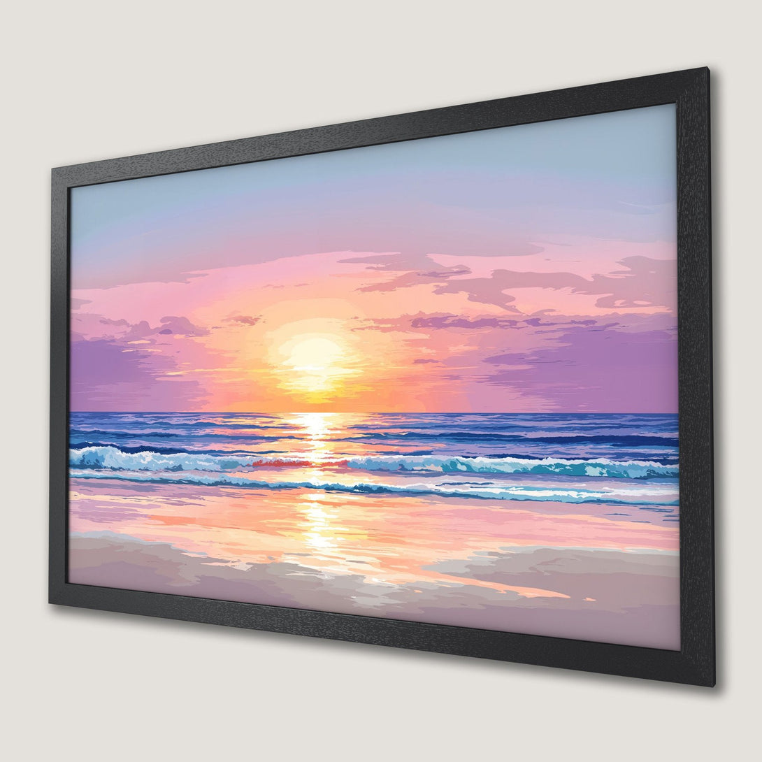 Framed Poster of a vibrant sunset over the ocean. Beautiful art print with a dreamy, pastel color palette. Perfect wall decor.