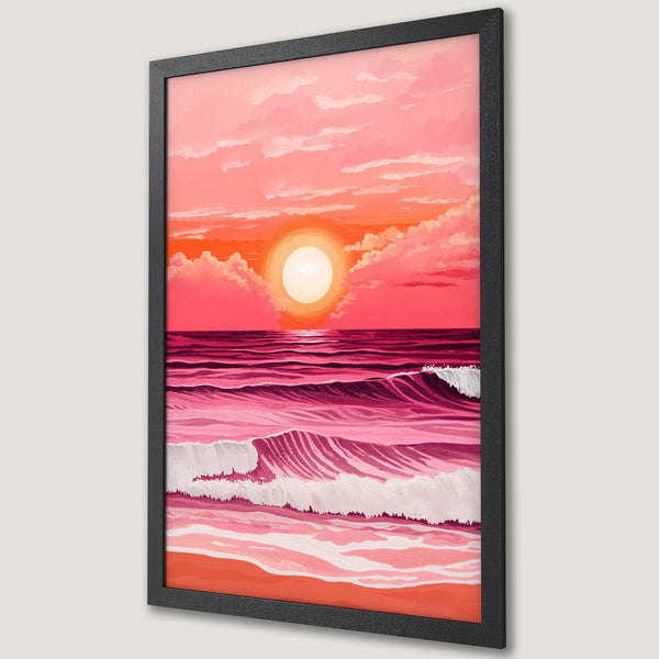 Framed Poster of a sunset over the ocean in a vibrant pink and orange color palette. Coastal art print for home decor.