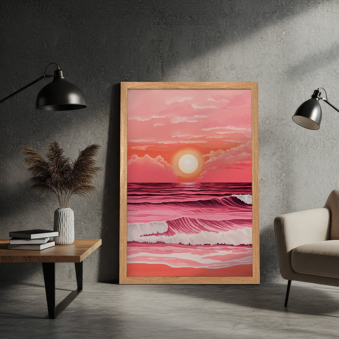 Framed Poster of a sunset over the ocean in a vibrant pink and orange color palette. Modern art style. Perfect wall decor.