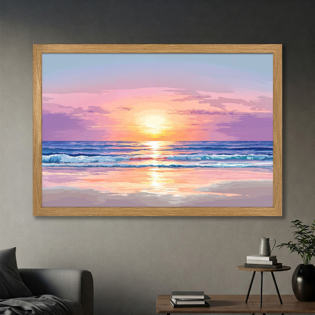 Framed Poster of a beach sunset in a vibrant pink and blue color palette. Perfect wall art for a relaxing vibe.