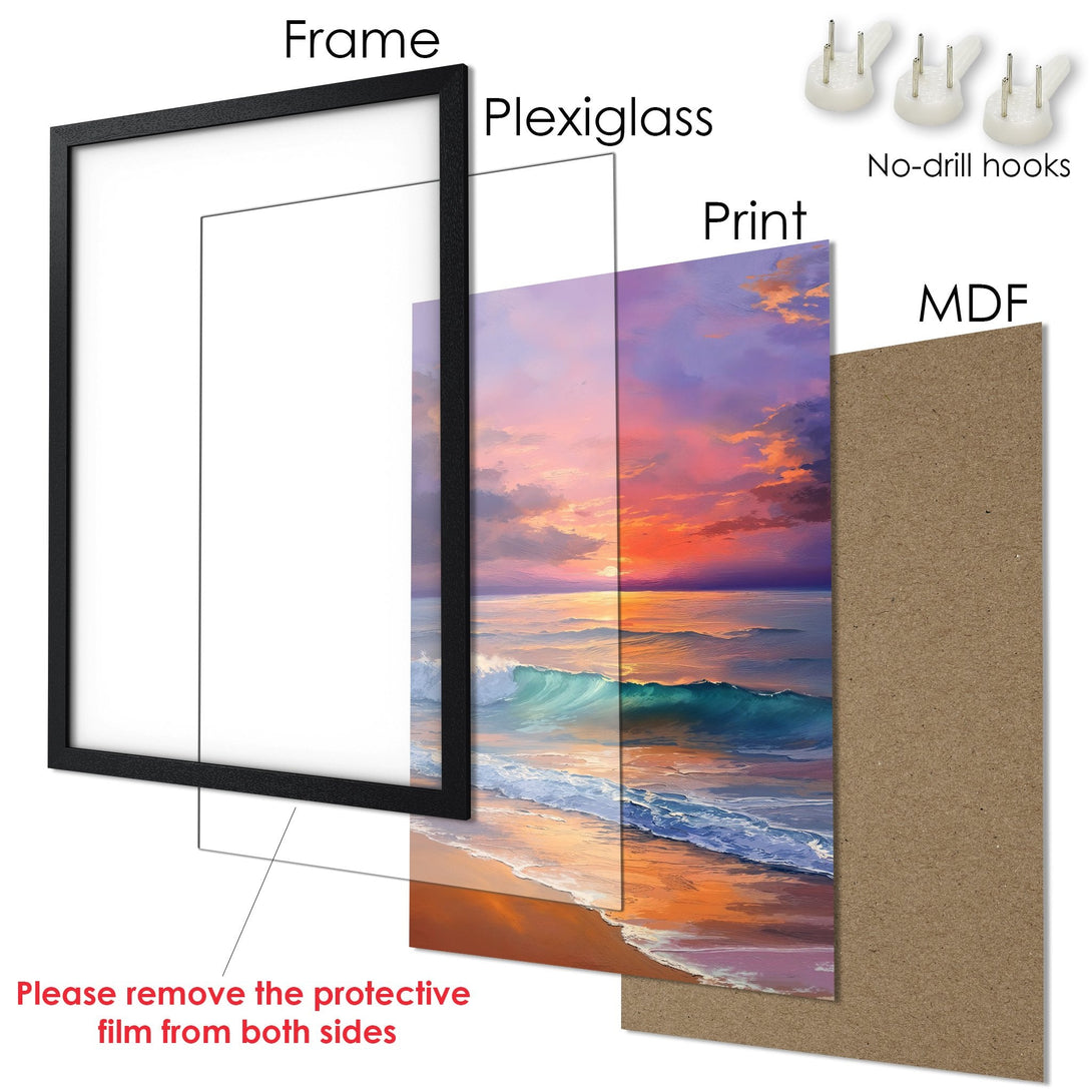 Framed Poster: Stunning sunset over the ocean. Artistic style, vibrant orange, pink, and blue color palette. Ready to hang art!