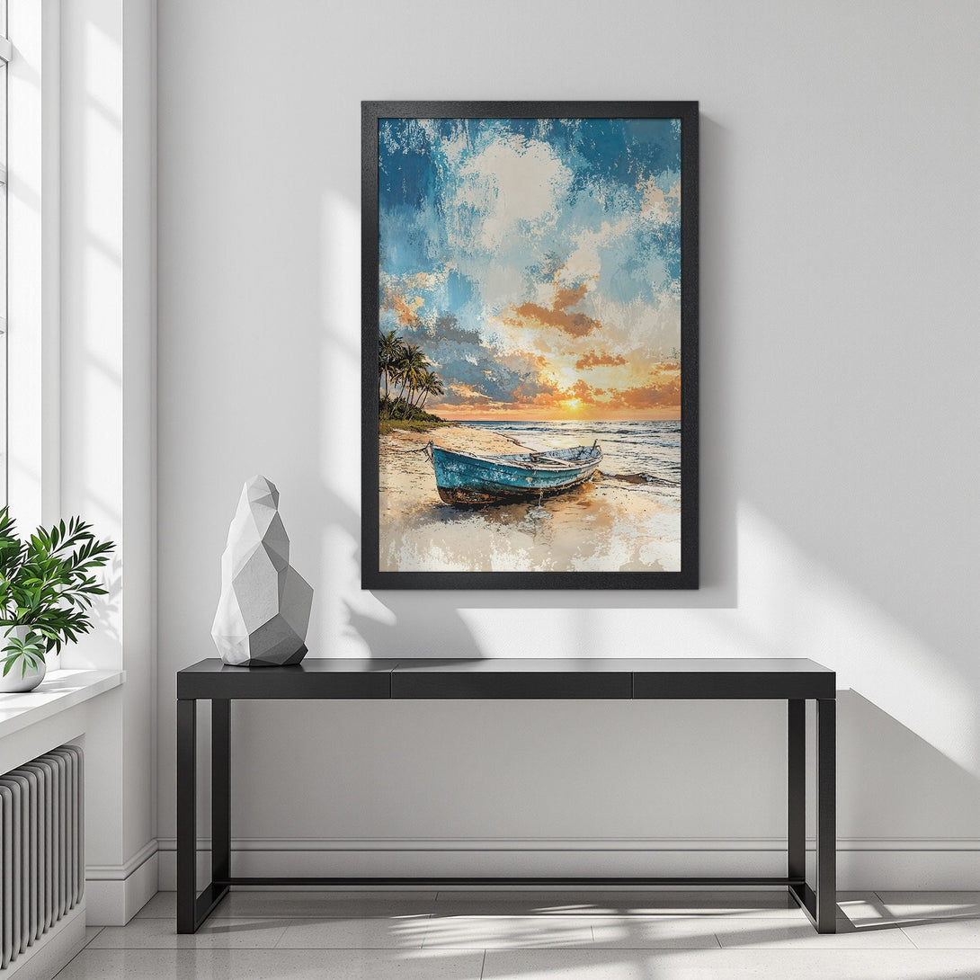 Framed Poster featuring a serene beach scene with a boat, in a painterly style with blue, orange, and beige hues. Perfect wall art!