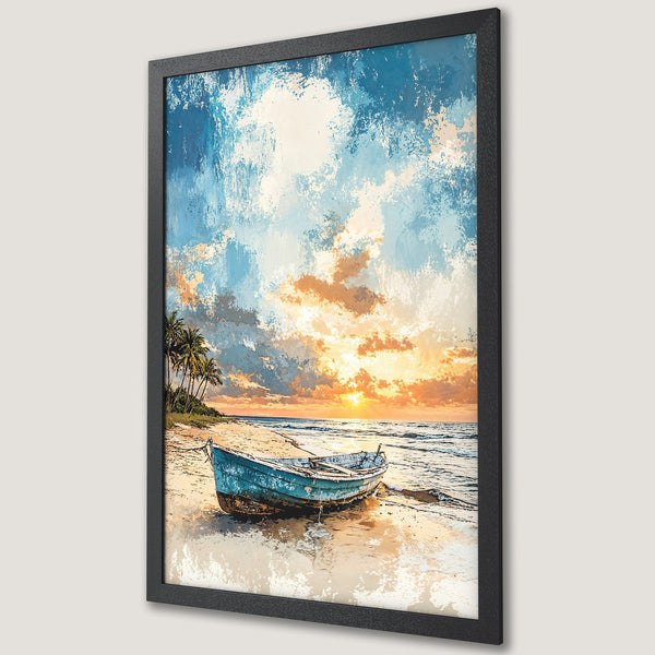 Framed Poster of a serene beach scene with a boat, sunset, and palm trees. Features a blue, orange, and beige watercolor style.