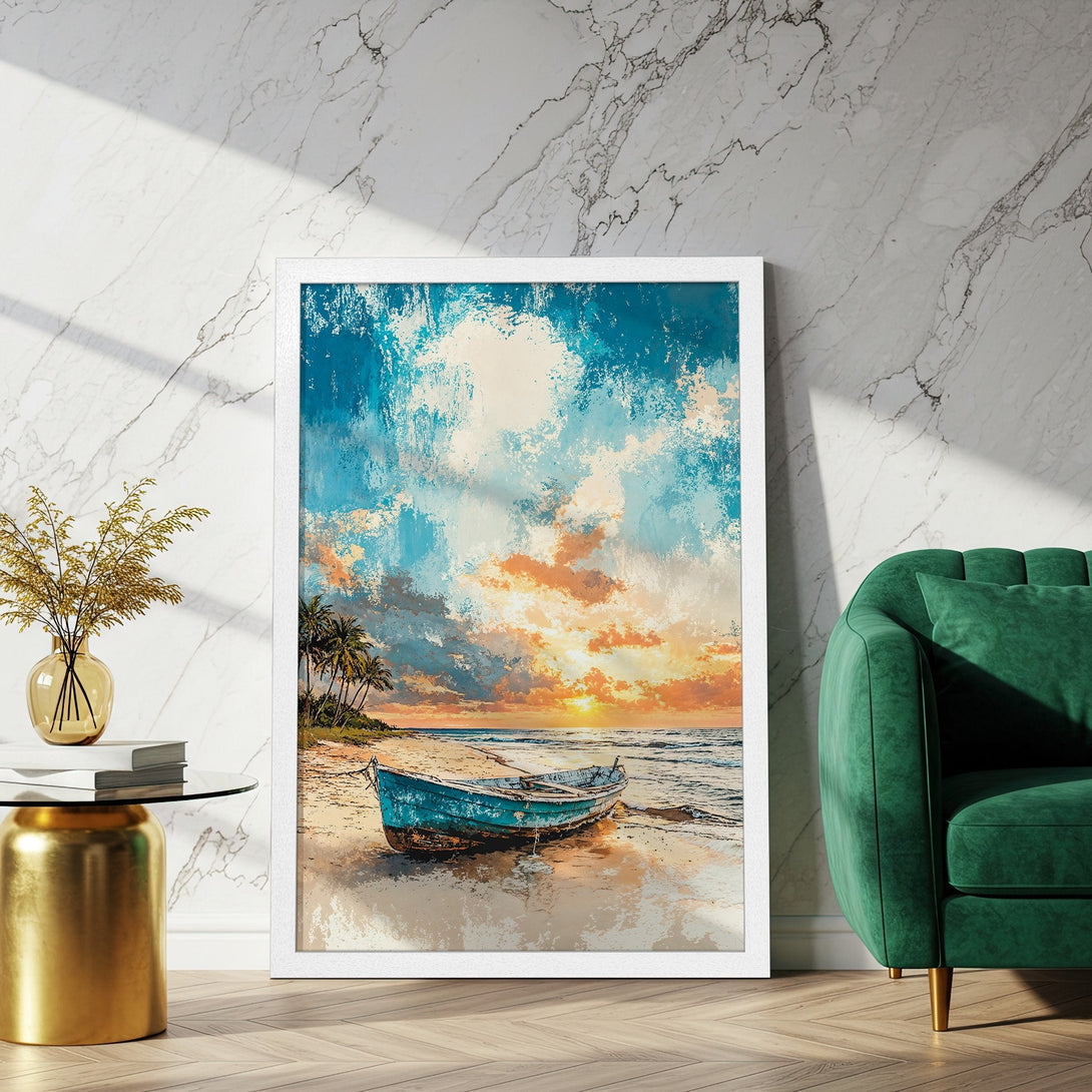 Framed Poster of a serene beach scene with a boat, painted in a textured style with blue, orange, and beige tones. Perfect wall art!