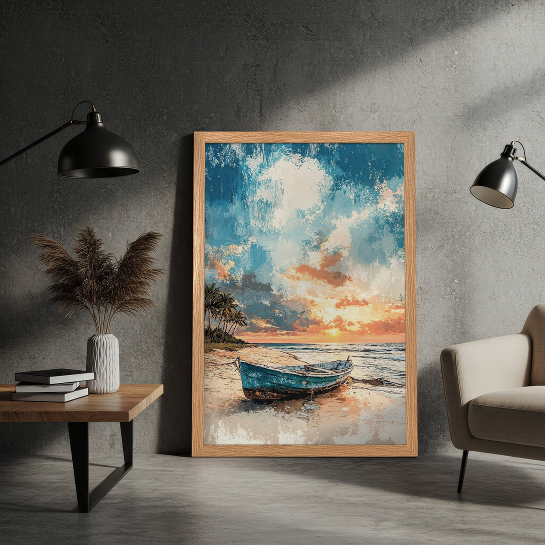 Framed Poster of a boat on a beach at sunset. Impressionistic style with blue, orange, and beige colors. Perfect wall art for your home.
