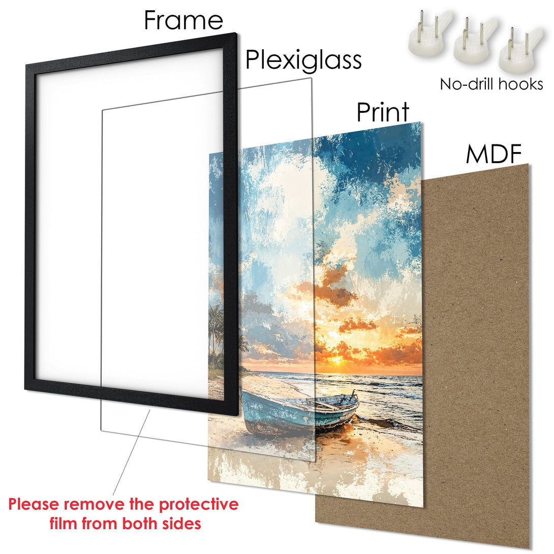 Framed Poster: Coastal sunset art print in vibrant blue, orange, and beige hues. Perfect wall decor for a serene atmosphere.