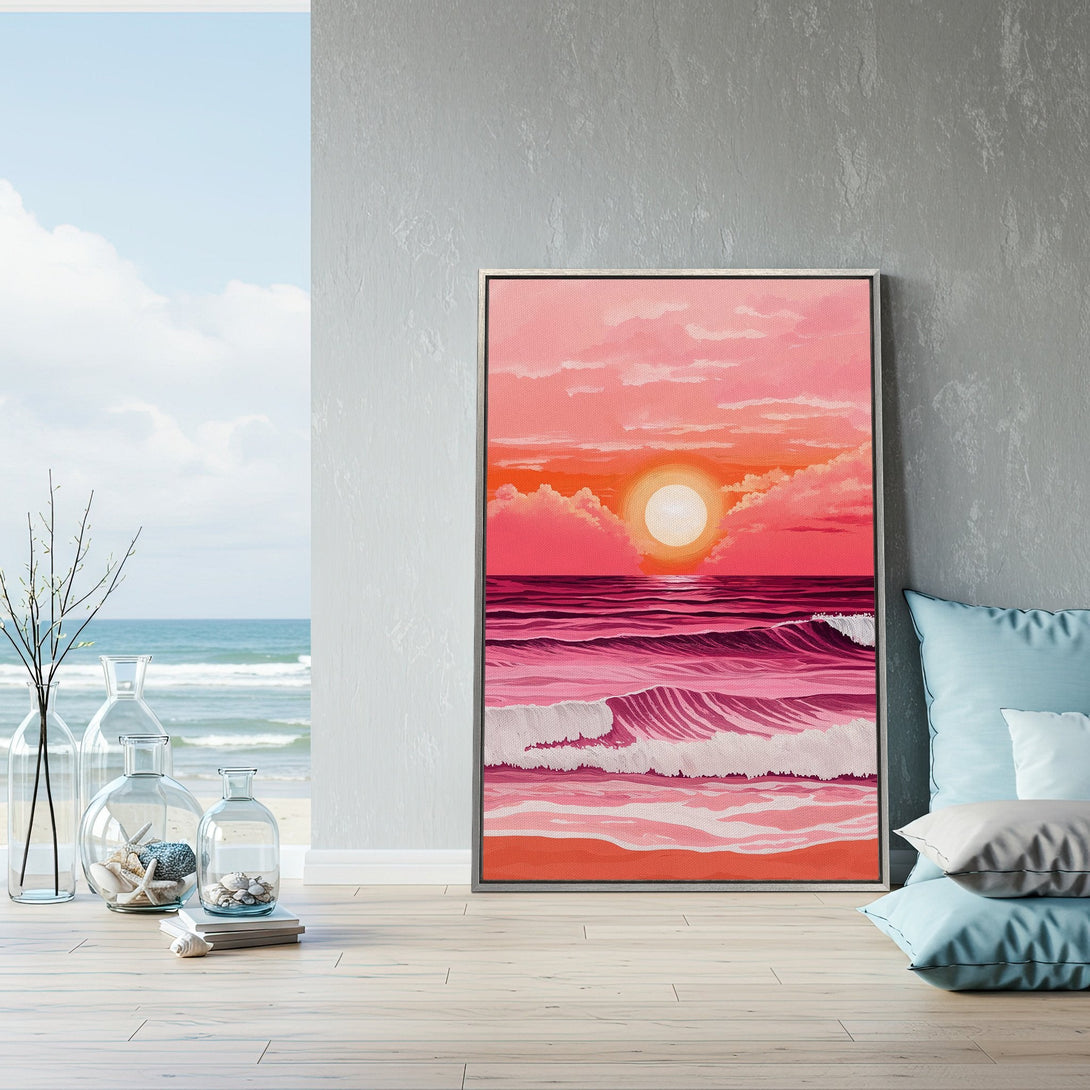 Framed Wall Art: Coastal sunset canvas print in vibrant pink and orange hues. Perfect beach decor for a relaxing, stylish home.